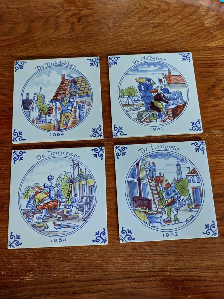 Set van 4 Delfts Blauwe Tegels: Ambachten, Ophalen of Verzenden