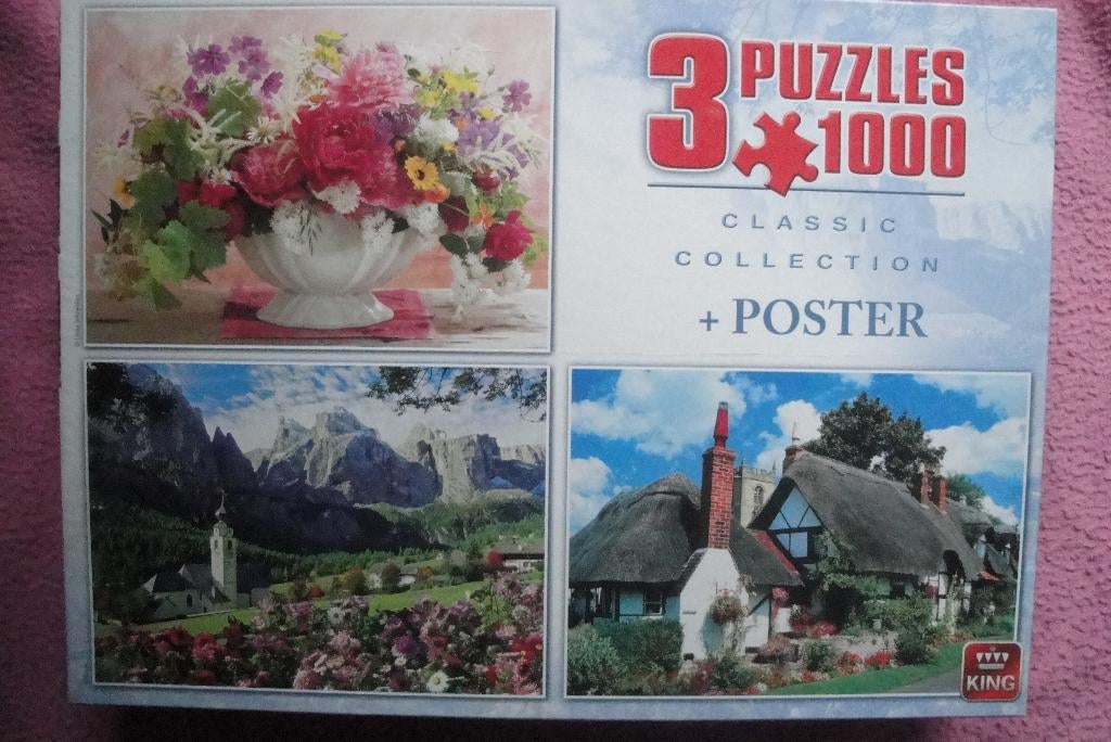 KING CLASSIC COLLECTION PUZZLES 3x 1.000st. voor  3,95euro, Ophalen of Verzenden, 500 t/m 1500 stukjes, Zo goed als nieuw, Legpuzzel