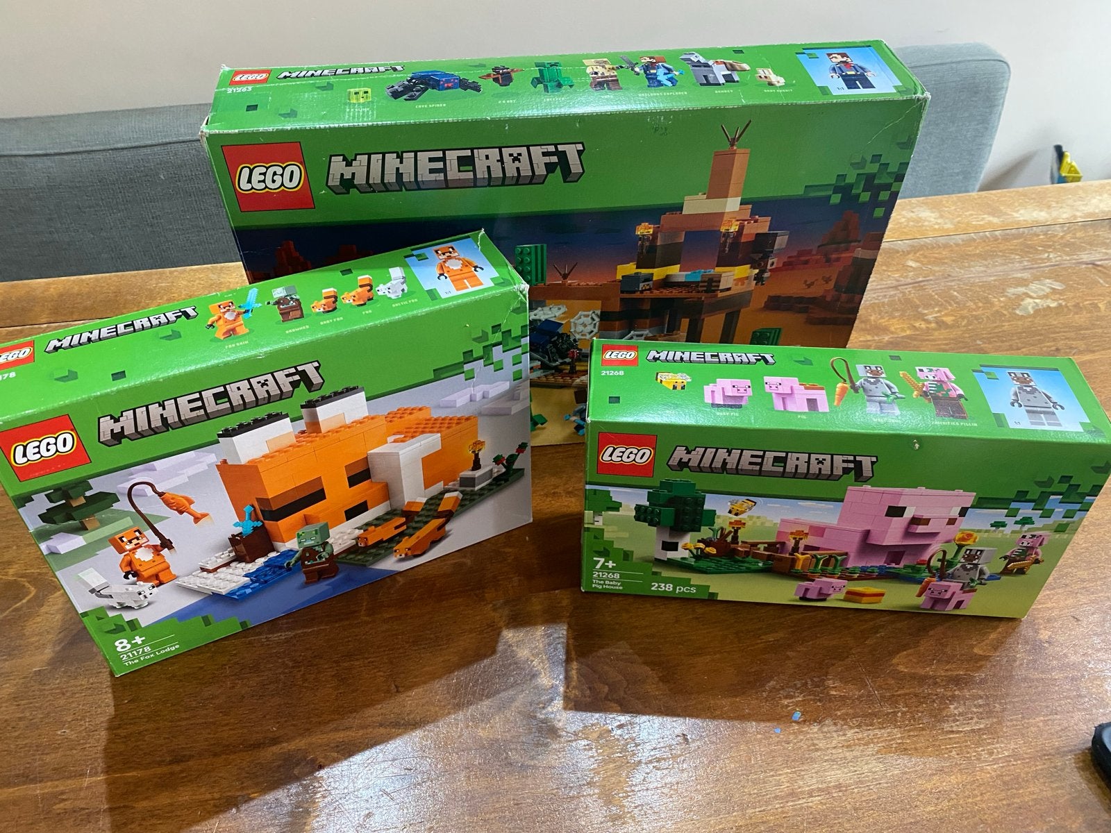 3 Lego Minecraft sets: 21263, 21178, 21268 met dozen, Ophalen of Verzenden, Gebruikt, Overige merken