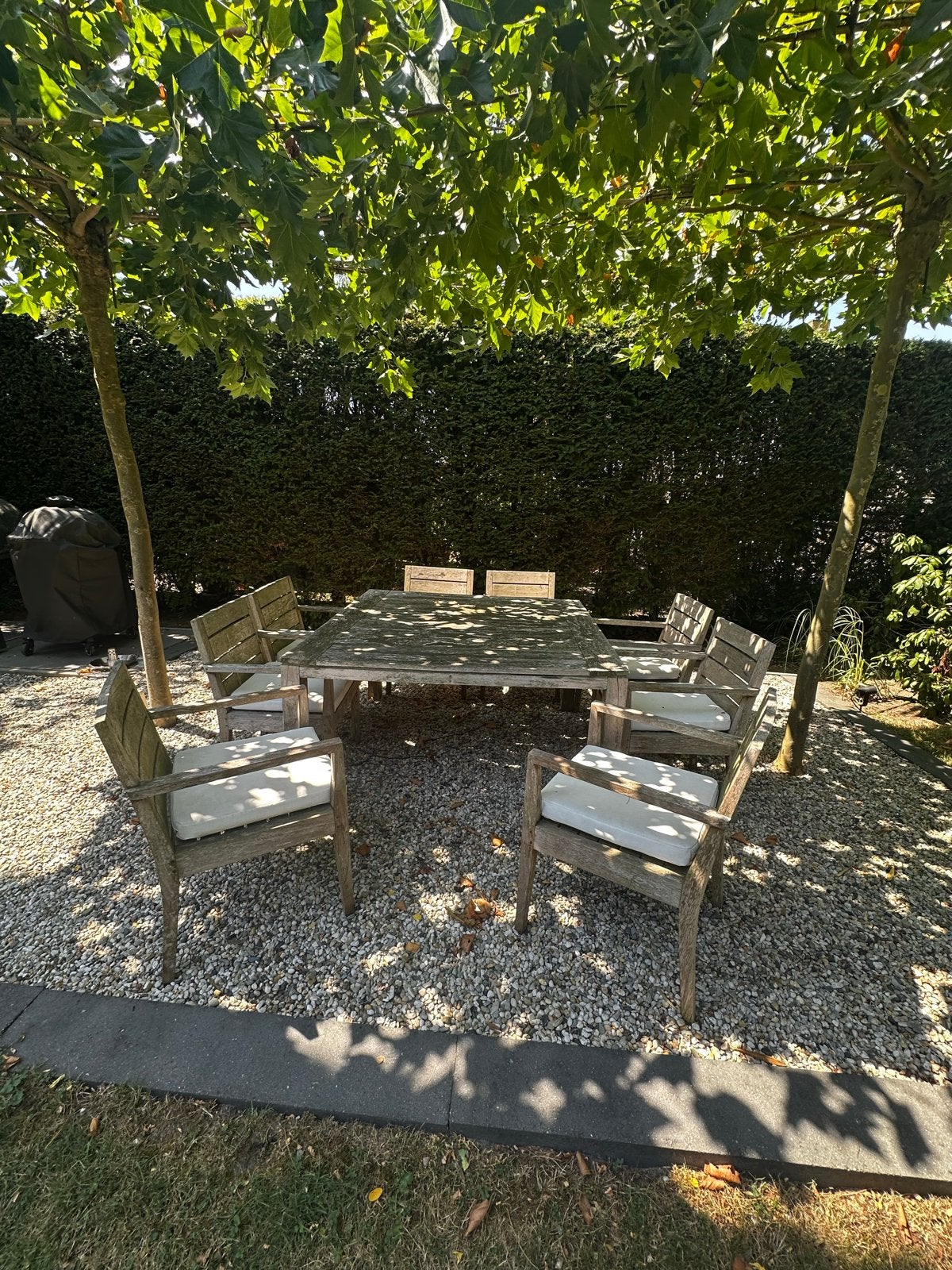 TEAK HOUTEN SET van LIFE met 8 stoelen all weather kussens, Ophalen, Gebruikt, Vierkant, Hout