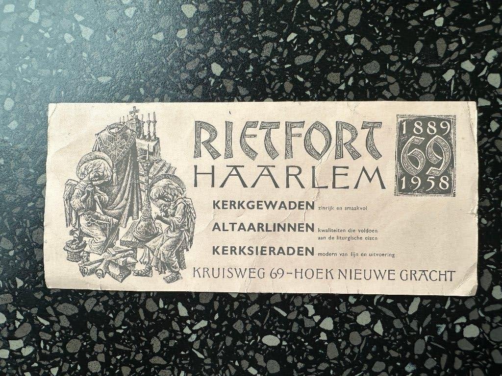 Vloeiblad Rietfort Haarlem. Kerkgewaden Altaarlinnen. 1958, Ophalen of Verzenden, Gebruikt, Gebruiksvoorwerp