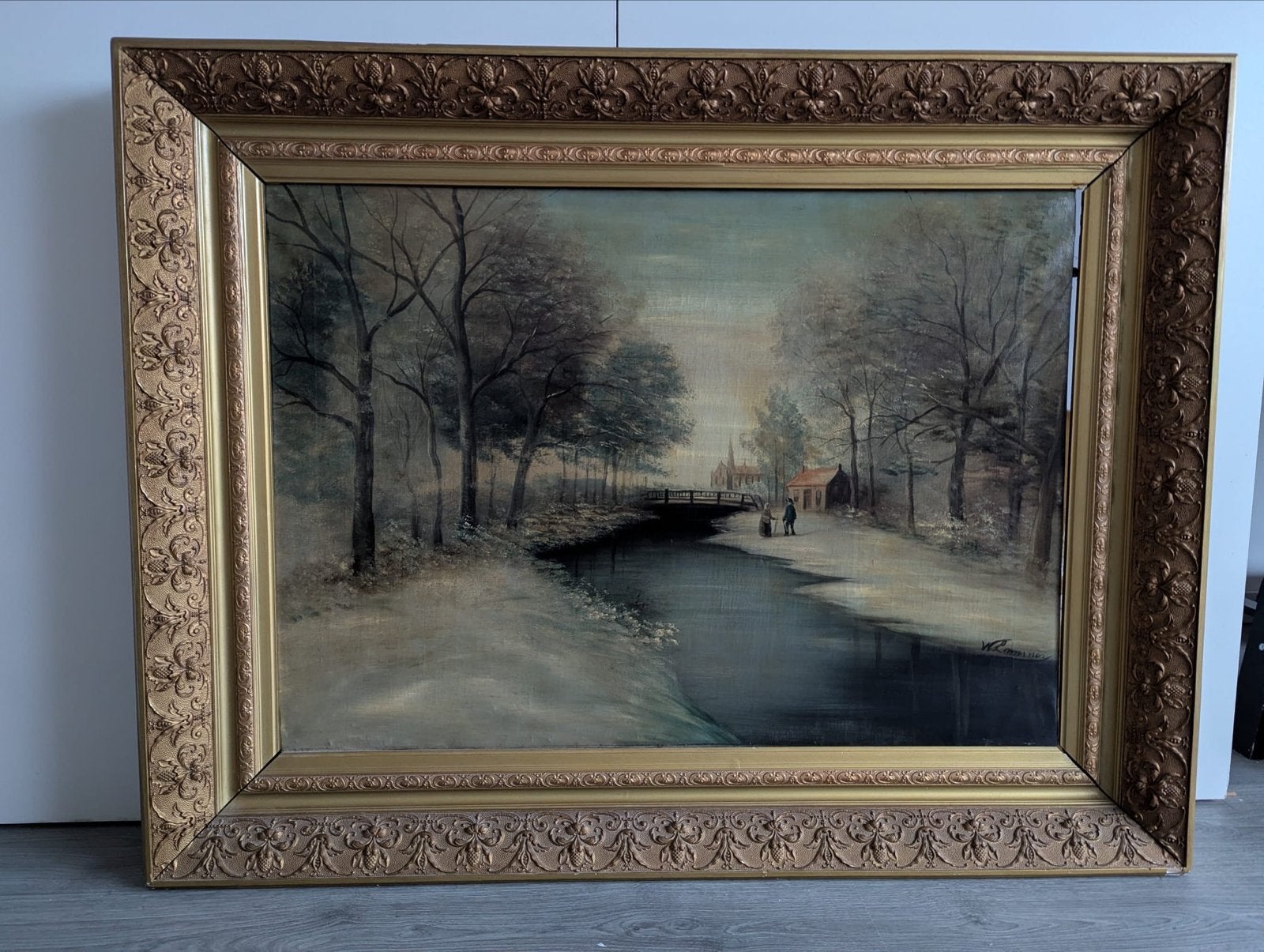 Schilderij Winterlandschap met figuren, Ophalen, Doek, Gesigneerd, Landschap