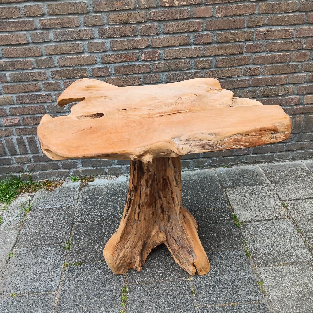 Teak hout boomstamtafel tafel eettafel bijzettafel tuintafel, Ophalen, Gebruikt, 50 tot 100 cm, Organisch design