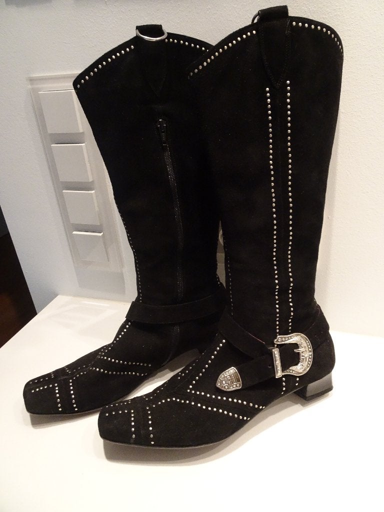 Zwarte suede laarzen met studs en losse riem, Hoge laarzen, Verzenden, Zwart, Zo goed als nieuw