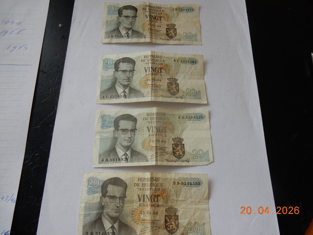 bankbiljet belgie  4x 20 Frank uit 1964, Postzegels en Munten, Ophalen of Verzenden, Los biljet