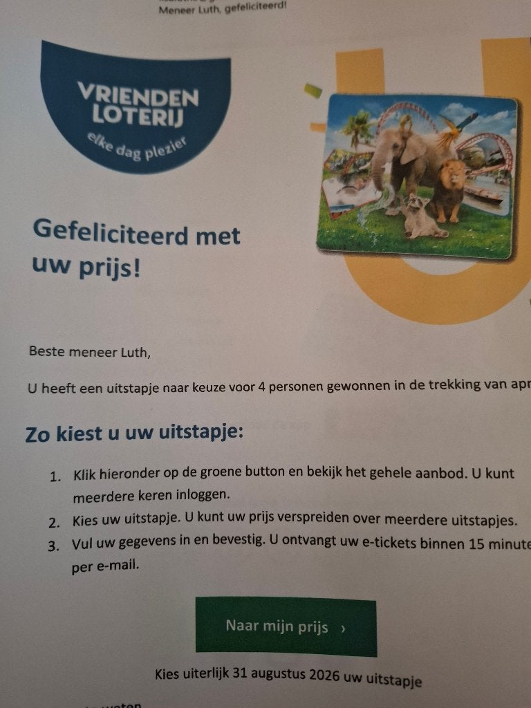 Uitje voor 4 Vriendenloterij, Drie personen of meer, Ticket of Toegangskaart