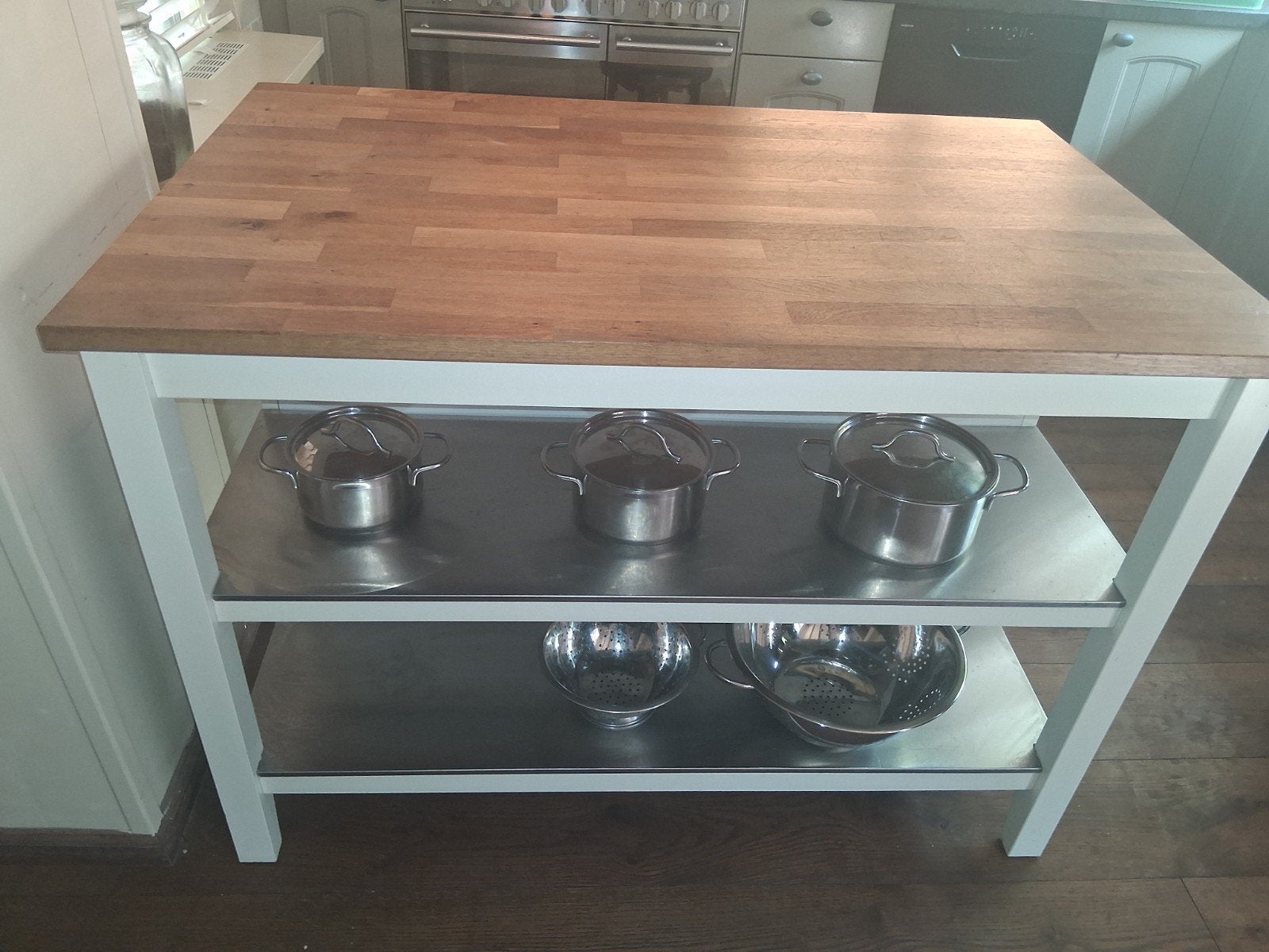 Ikea eiland  met Houten Blad en Stalen Planken, Ophalen, Gebruikt, Hout, Keukentrolley