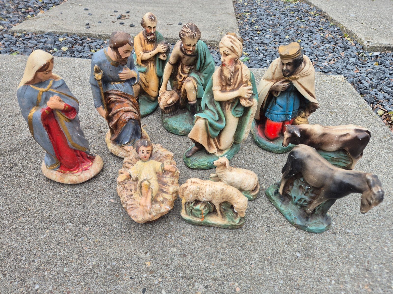 Kerststal Beelden Set - Compleet en Handgeschilderd, Verzamelen, Ophalen, Gebruikt, Beeld(je), Christendom | Katholiek