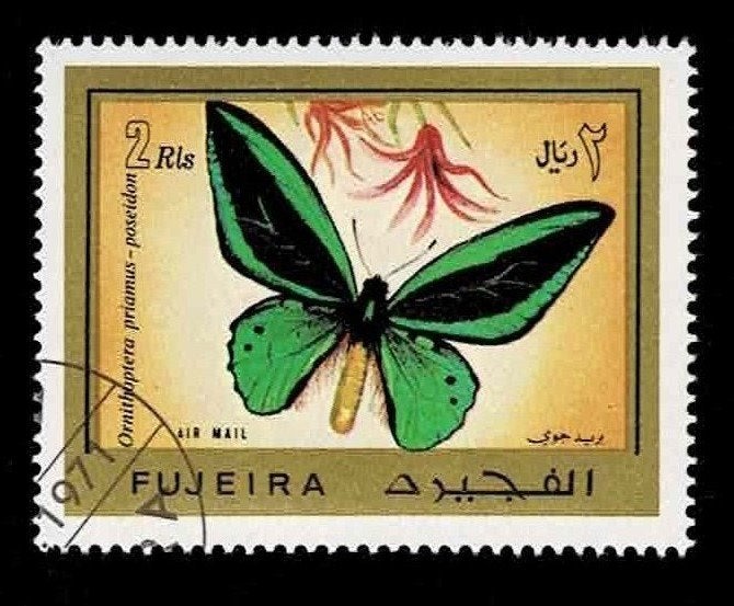 postzegel 70b lp Fujeira Gewone Groene Vogelvleugelvlinder, Ophalen of Verzenden, Gestempeld, Midden-Oosten