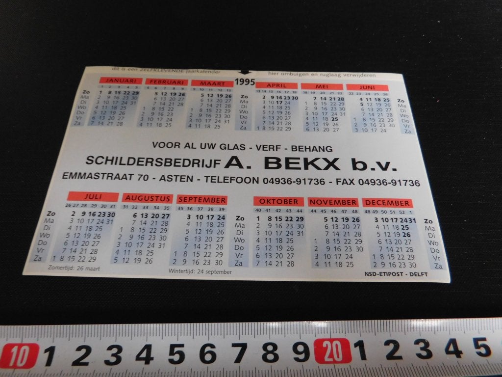 sticker Kalender 1995 Asten A. BEKX bv schildersbedrijf, Ophalen of Verzenden, Zo goed als nieuw