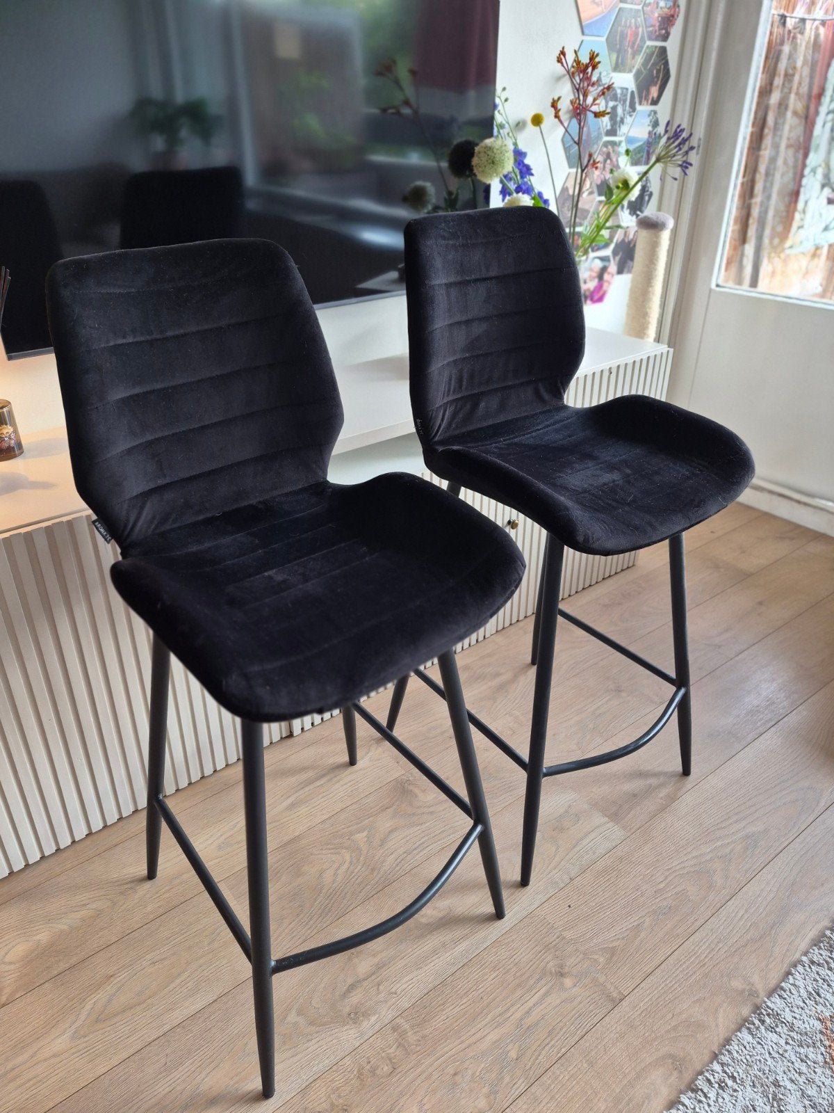Bronx71 Velvet Barstoelen - Zwart (2 stuks), Ophalen, Gebruikt, 90 cm of meer, Metaal