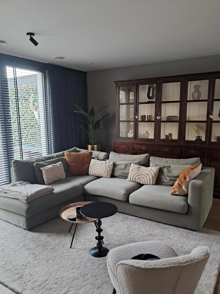 Bank 4 persoons met chaise longue, legergroen, Ophalen of Verzenden, Gebruikt