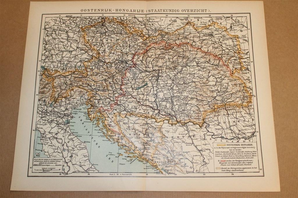 Antieke kaart - Oostenrijk-Hongarije - Circa 1900, Boeken, Atlassen en Landkaarten, Gelezen, Ophalen of Verzenden, Landkaart, 1800 tot 2000