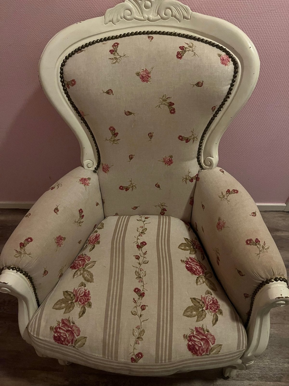 Antieke barok coquette stoel met bloemenprint, Ophalen, Gebruikt, Wit, Eén