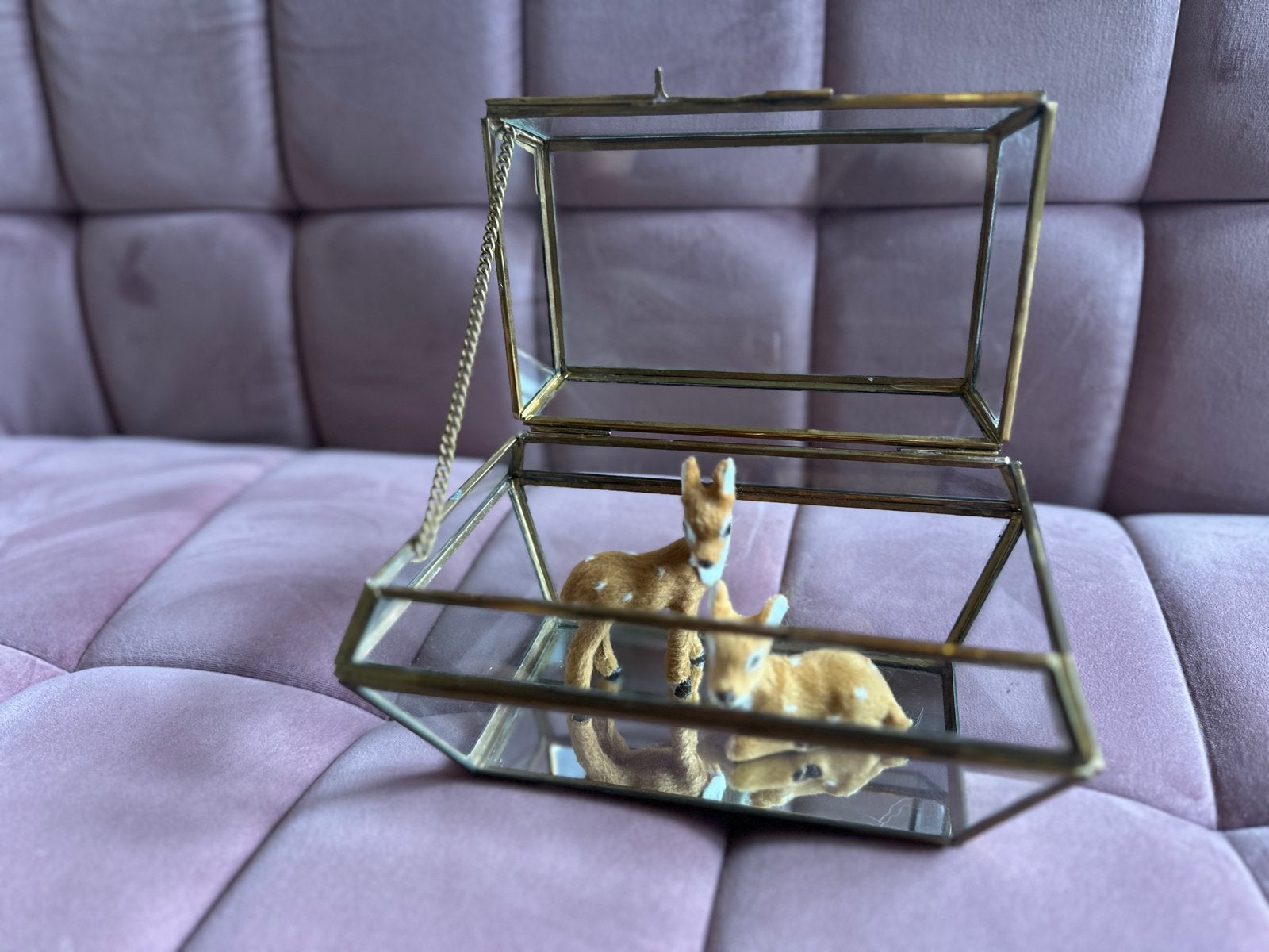 Glazen sieradendoosje met messing rand, Vintage, Ophalen of Verzenden, Zo goed als nieuw, Goud