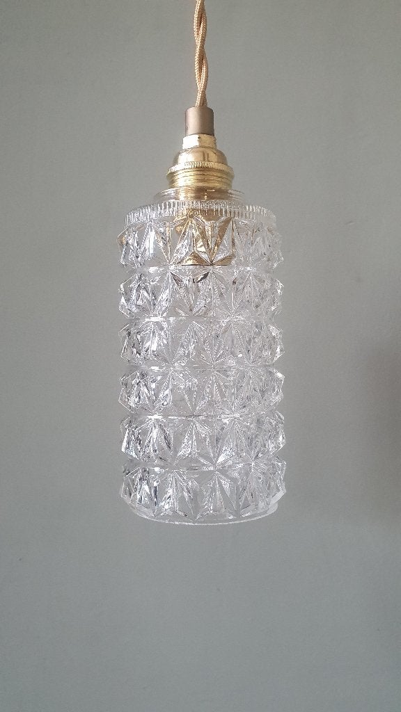 Vintage Getextureerde hanglamp midcentury design., E14 (klein), Ophalen of Verzenden, Zo goed als nieuw, Glas