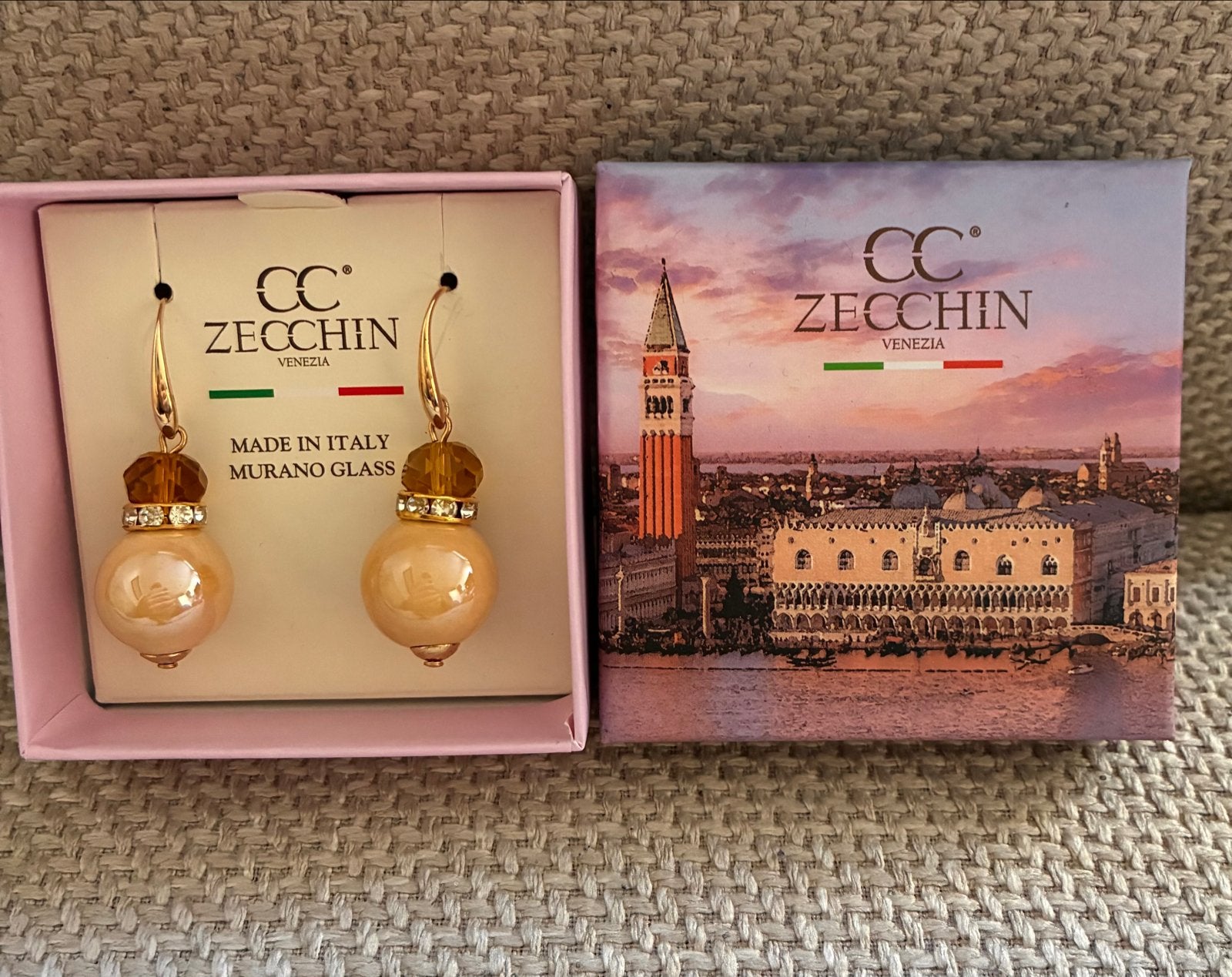 CC Zecchin Murano Glas Oorbellen - Nieuw, Hangers, Beige, Nieuw, Ophalen of Verzenden