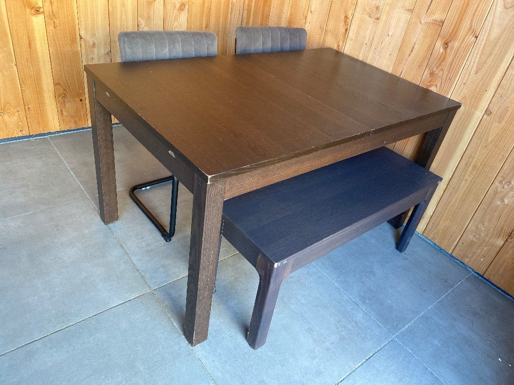 Uitschuifbare tafel, bankje en stoelen, Ophalen, Gebruikt, 100 tot 150 cm, 50 tot 100 cm