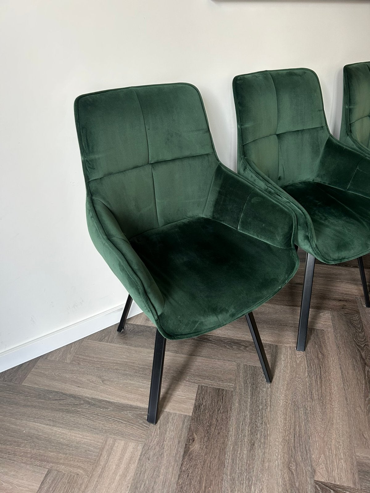 5x Groene Velvet eetkamerstoelen, Huis en Inrichting, Ophalen, Overige kleuren, Zo goed als nieuw, Stof