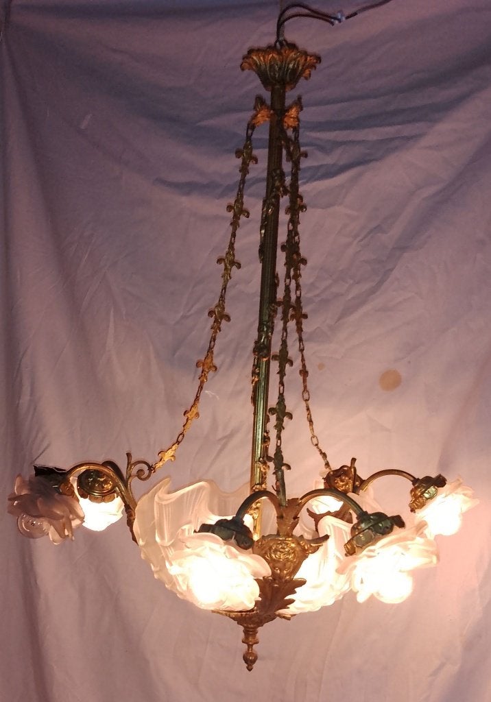 Antieke luster met roosvormige lampenkapjes, Antiek en Kunst, Ophalen