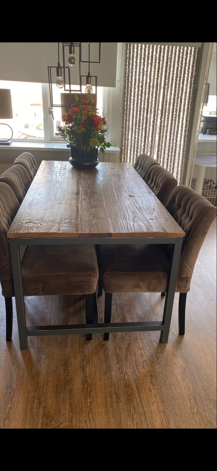 Robuuste eettafel met metalen onderstel en 6 stoelen, Ophalen, Gebruikt, 50 tot 100 cm, Vijf personen of meer