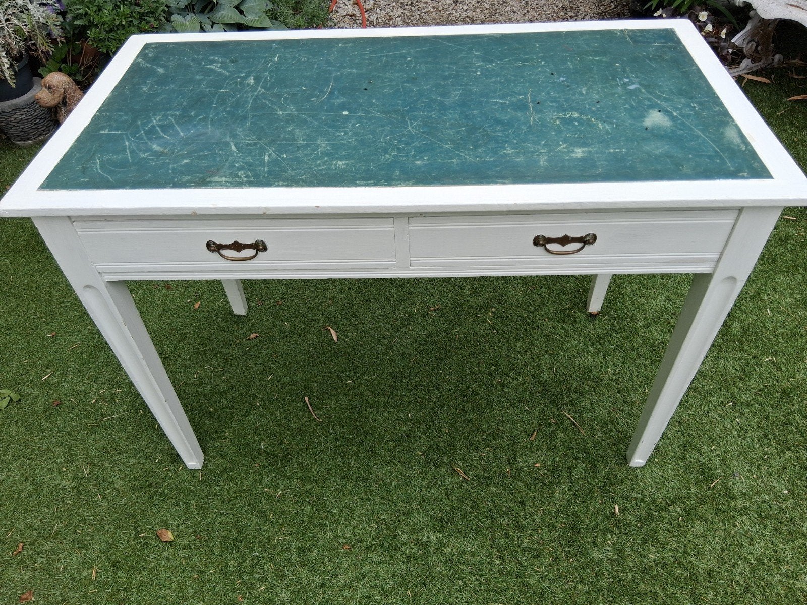 Vitage bureautafel wit met 2 lade, Overige typen, Gebruikt, Vintage, Ophalen of Verzenden