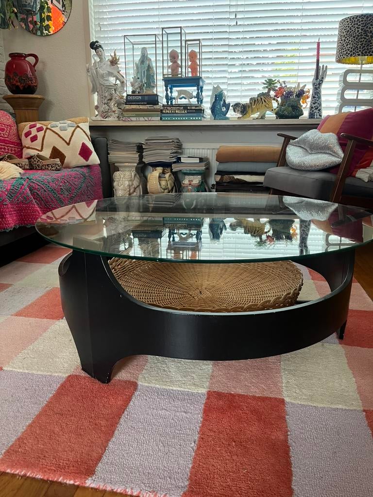 Mid Century Space Age salontafel zwart glas riet, Ophalen, Gebruikt, Rond, 50 tot 100 cm