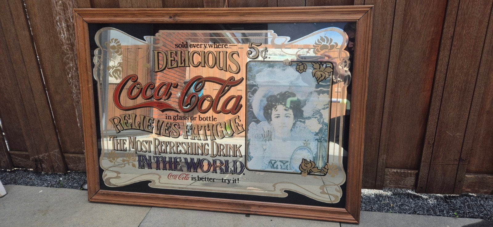 Vintage Coca Cola spiegel in houten lijst - 130x63 cm, Ophalen, Rechthoekig, 100 tot 150 cm, Minder dan 100 cm