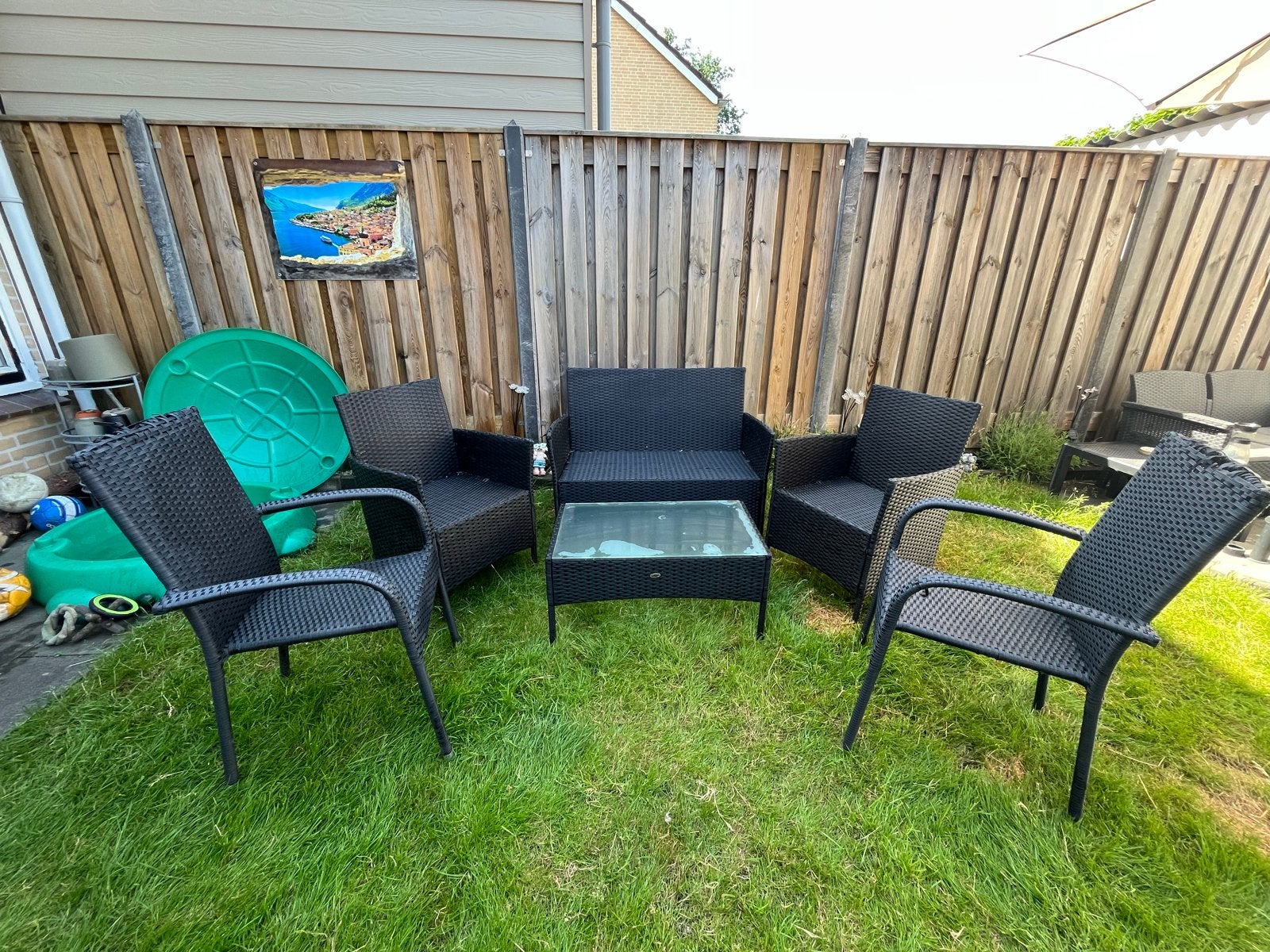 Zwarte Wicker Tuinset met Bank, Stoelen en Bijzettafel, Ophalen, Gebruikt, 6 zitplaatsen, Wicker