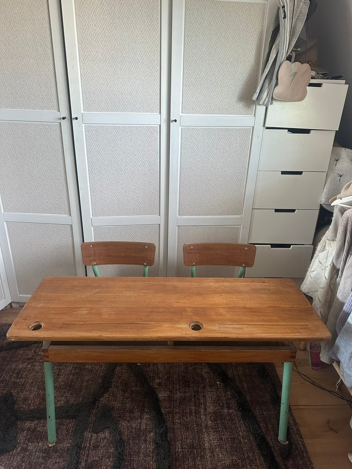 Oud schoolbankje, Huis en Inrichting, Tafels | Kaptafels, Ophalen, Gebruikt, 100 tot 150 cm, Vintage