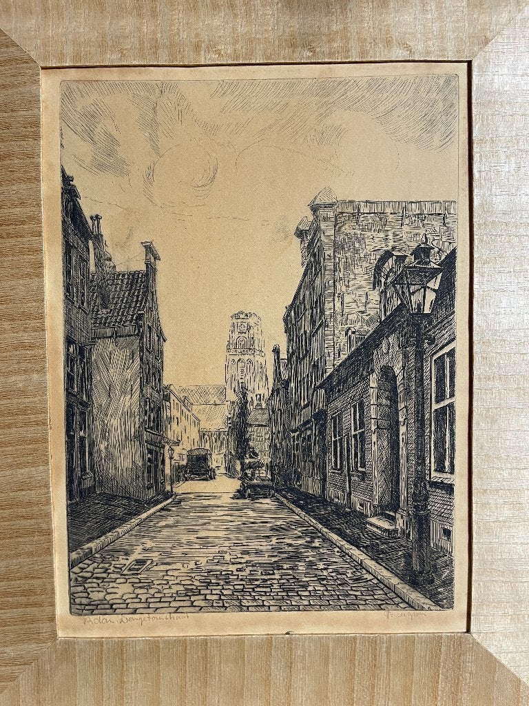 Rotterdam, Langetorenstraat - ets van Frans de Groen, Ets, Stadsgezicht, Ophalen of Verzenden, 21 cm