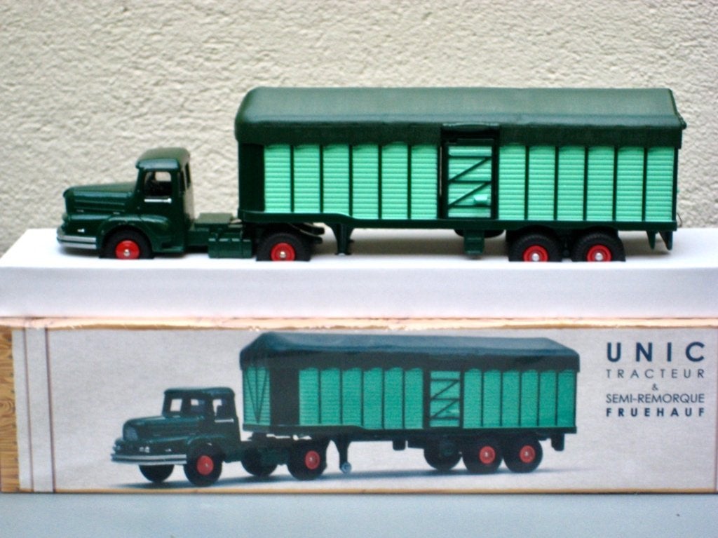 Unic truck met Frühauf oplegger met kap Norev metaal 1:55, Ophalen of Verzenden, Nieuw, Bus of Vrachtwagen, Norev