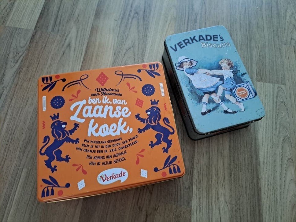 Verkade koektrommels - set van 2 vintage blikken, Ophalen of Verzenden, Gebruikt, Koek(jes), Verkade