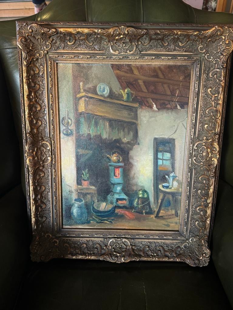 Schilderij: Rustiek Interieur met Kachel en Keukengerei, Ophalen