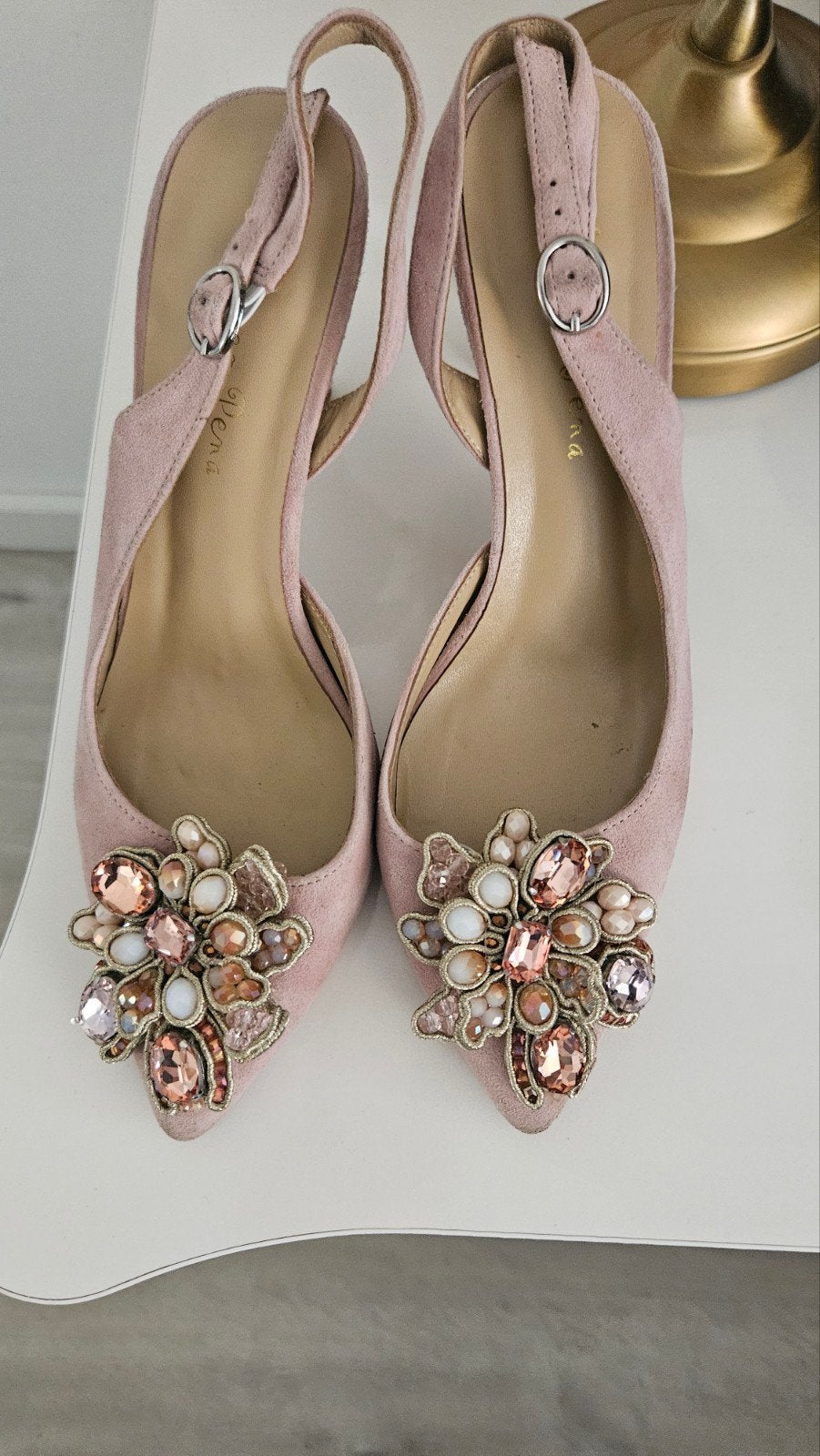 lichtroze suède slingback-pumps maat 38, Kleding | Dames, Ophalen of Verzenden, Zo goed als nieuw, Roze