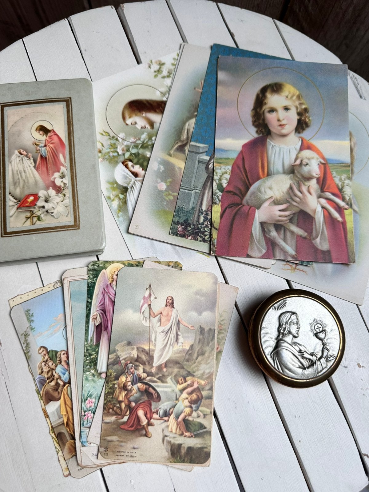 Oude bidprentjes kinderbijbel en doosje, Ophalen of Verzenden