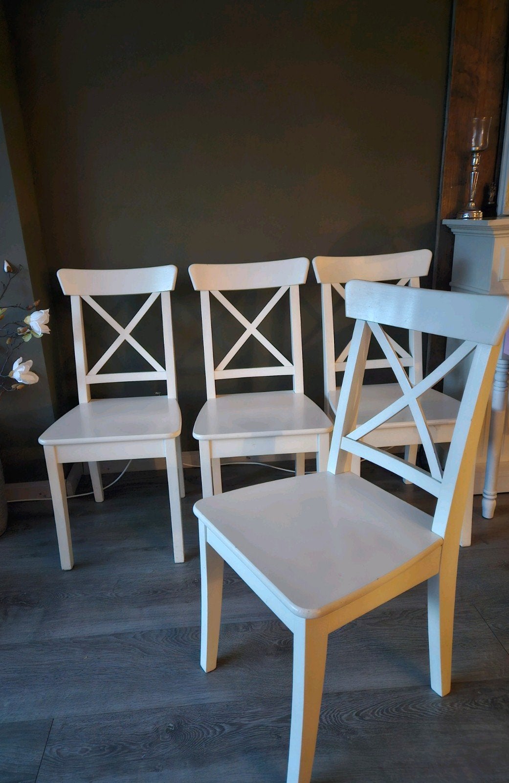 5 witte landelijke eettafel stoelen 4x Ingolf/Rosentorp Ikea, Ophalen, Wit, Landelijk, Vier
