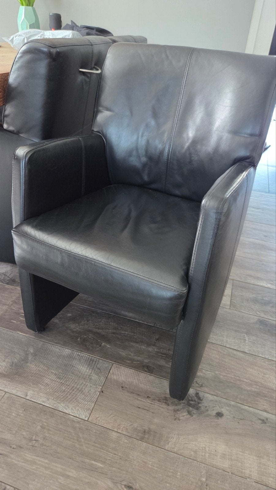 Zwarte leren eetkamerstoelen met armleuning, Ophalen, Gebruikt, Zwart, Leer