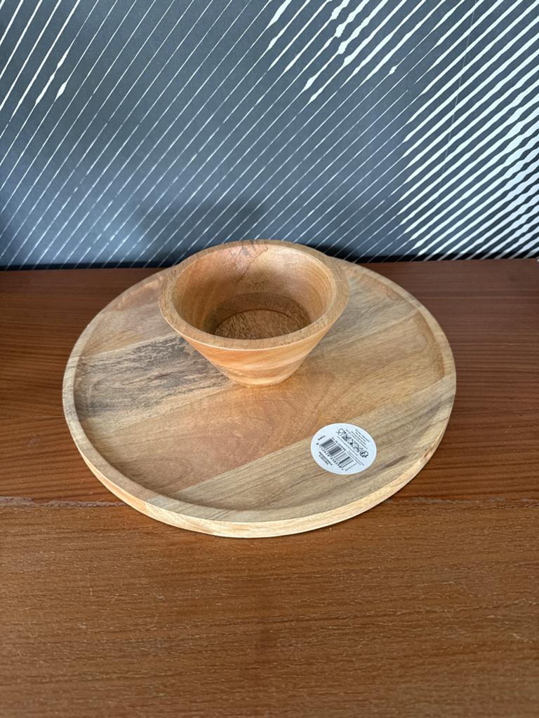 Houten hapjes schaal / dienblad met kommetje, Huis en Inrichting, Ophalen, Zo goed als nieuw, Rond, Hout