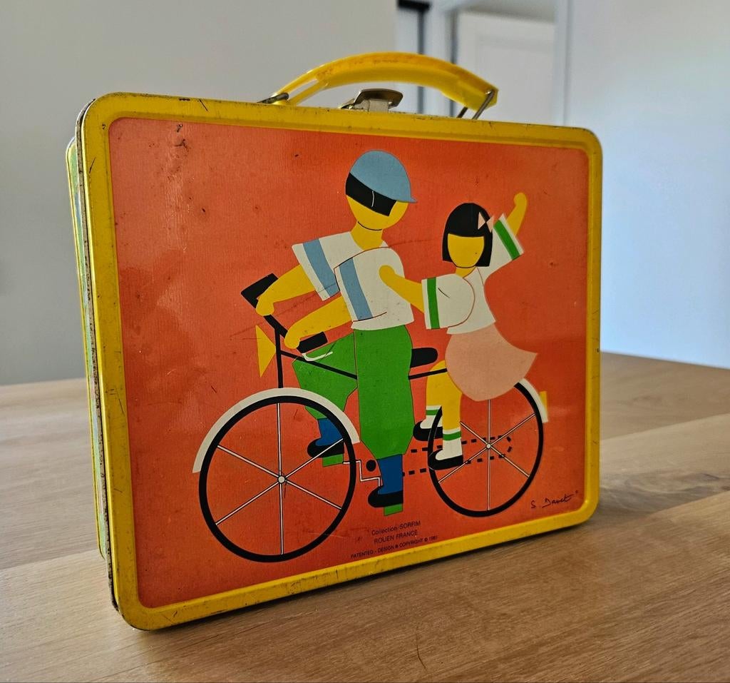Vintage metalen lunchtrommel / koffertje met fietsers., Ophalen of Verzenden