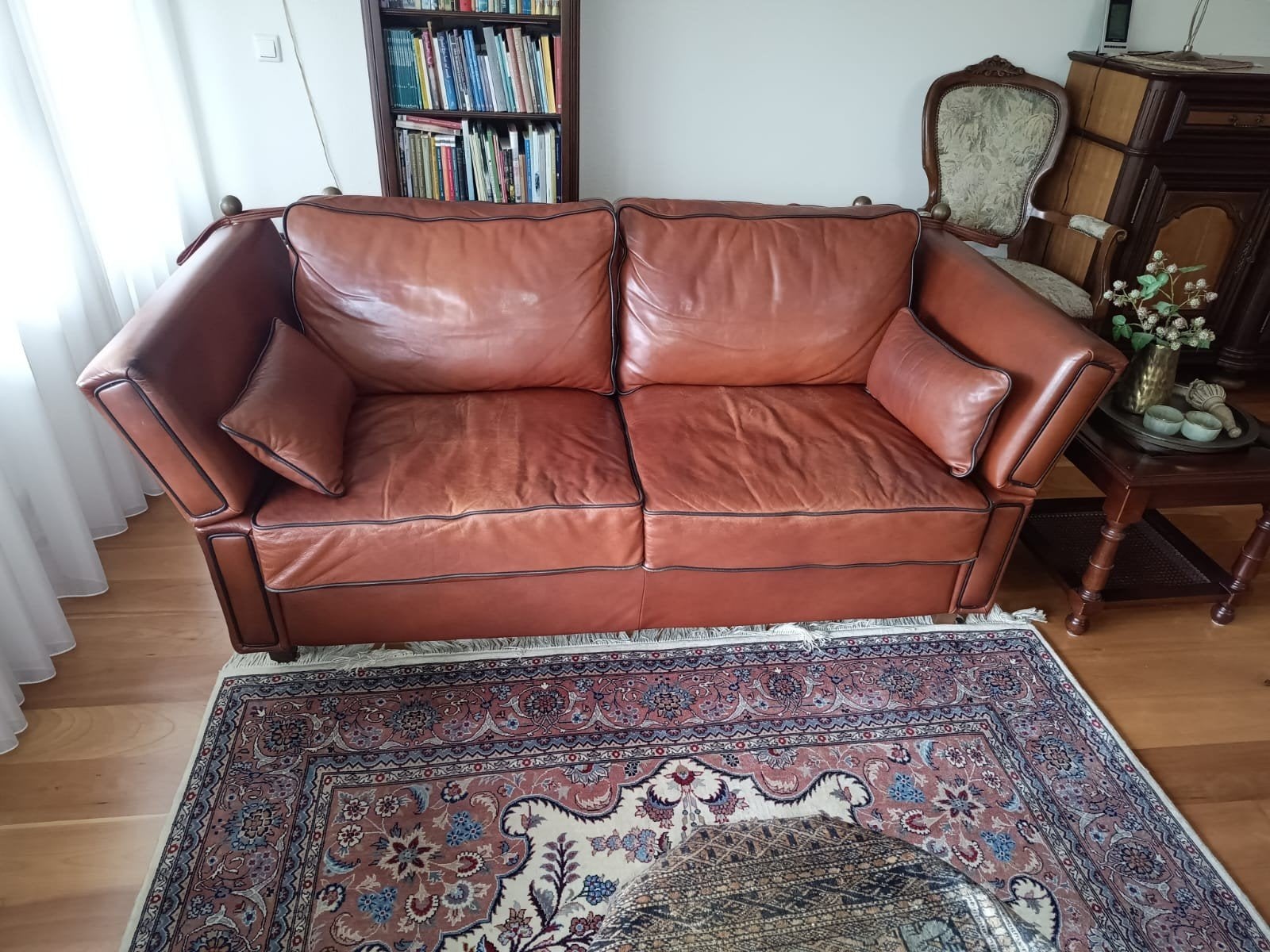 Lederen bank, fauteuil en hocker - Jeantique Haddersfield, Huis en Inrichting, Complete inboedels, Ophalen