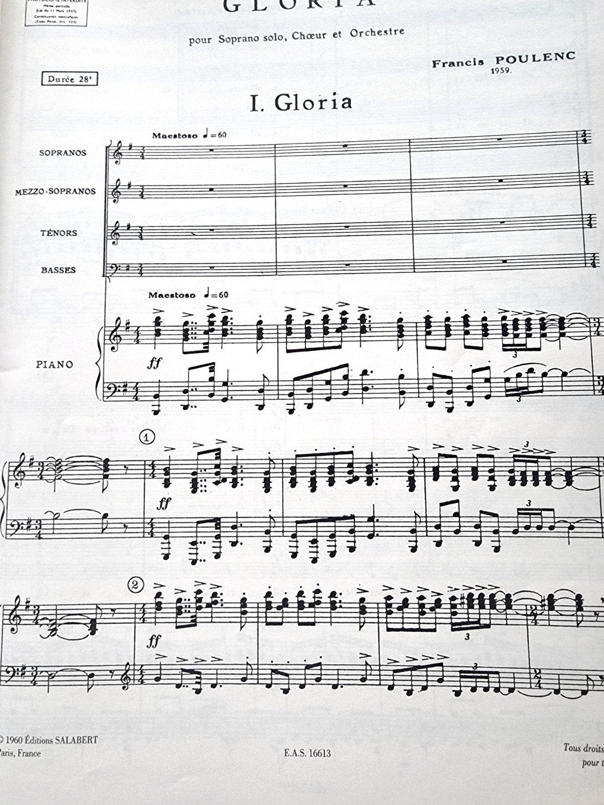 Francis Poulenc - Gloria (reductie piano en 4 zangstemmen) V, Koor, Verzenden, Klassiek, Zo goed als nieuw