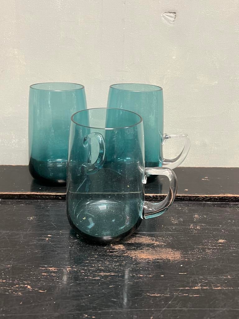 Vintage brocante Franse water  glazen blauw 1960 set/3, Ophalen of Verzenden, Glas, Overige stijlen, Glas of Glazen