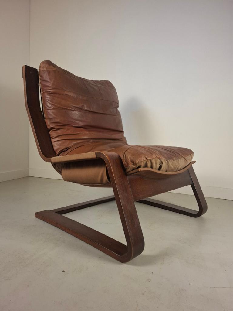 Vintage design fauteuil jaren 70 midcentury modern, Huis en Inrichting, Fauteuils, Gebruikt, Minder dan 75 cm, Leer, Ophalen of Verzenden