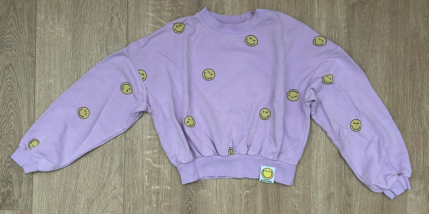 Leuke licht paarse trui met smileys maat 146, Ophalen of Verzenden, Zo goed als nieuw, Meisje, Trui of Vest