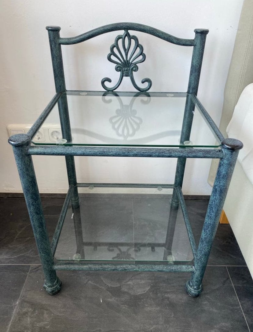 (2x) Metalen bijzettafel met glazen bladen, Huis en Inrichting, Tafels | Bijzettafels, Minder dan 55 cm, Gebruikt, Metaal of Aluminium