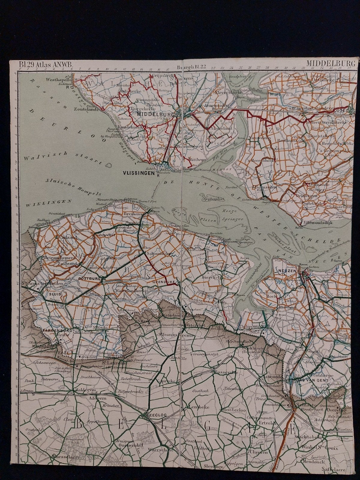 29 / Middelbrug e.o. plattegrond uit Atlas ANWB uit 1920, Gelezen, ANWB, Ophalen of Verzenden, Landkaart