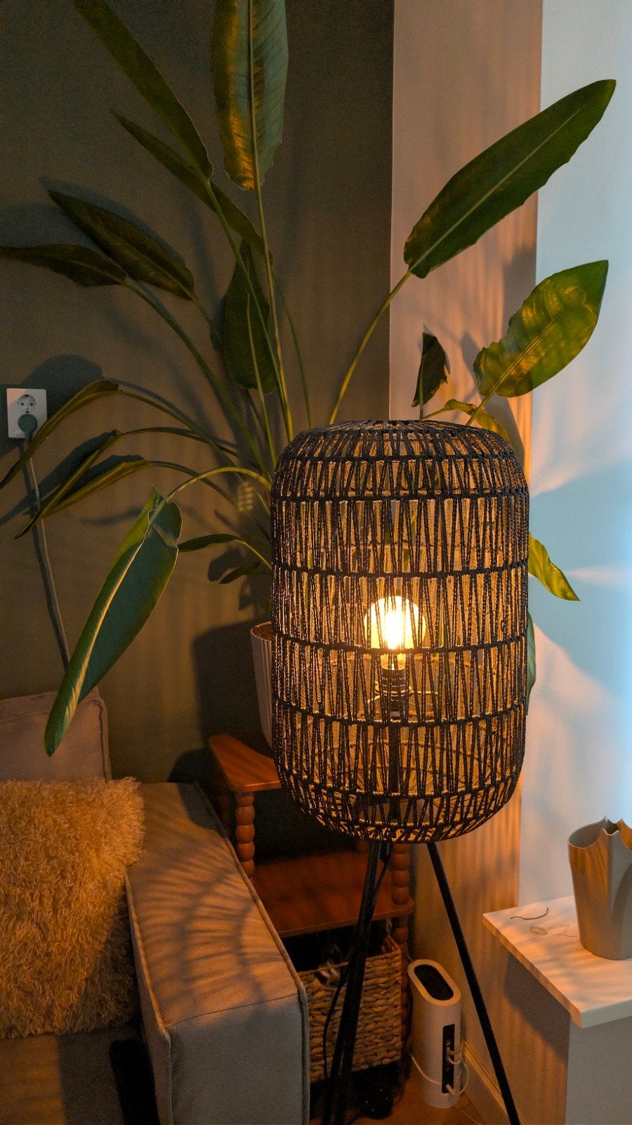 Staande lamp met gevlochten kap, Ophalen, Gebruikt, E27 (groot), Textiel