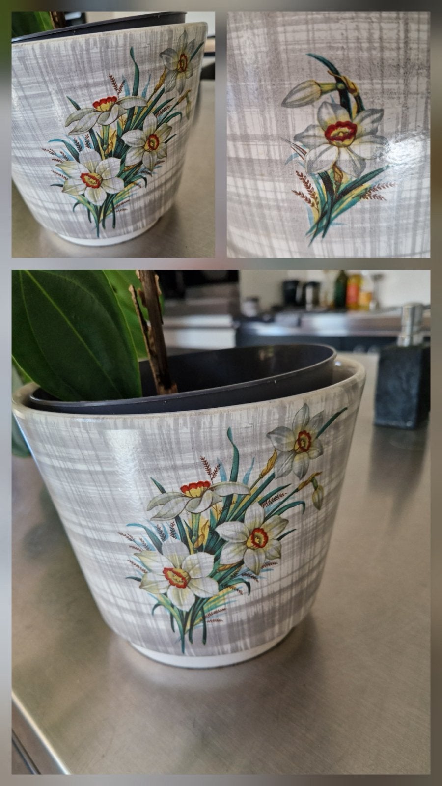 Retro Grijze Bloempot met Narcissen Design - Binnen, Ophalen, Gebruikt, Binnen, Overige vormen