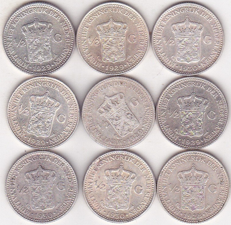 HALVE GULDENS   9 STUKS, Ophalen of Verzenden, Koningin Wilhelmina, ½ gulden